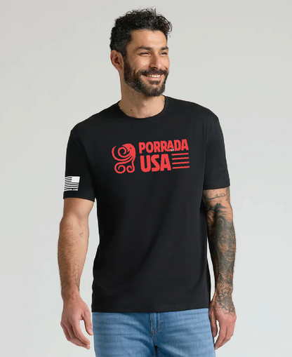 Man wearing a black t-shirt with branding on a white background